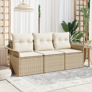 vidaXL 3-delige tuinset met kussens in beige poly rattan