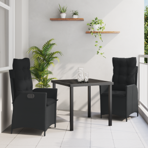 vidaXL 3-delige tuinset met kussens zwart poly rattan