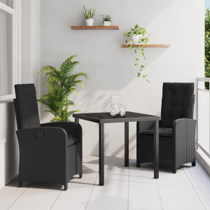 vidaXL 3-delige tuinset met kussens zwart poly rattan
