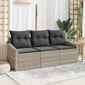 vidaXL Bankstel met kussen 3 pcs Lichtgrijs poly rattan