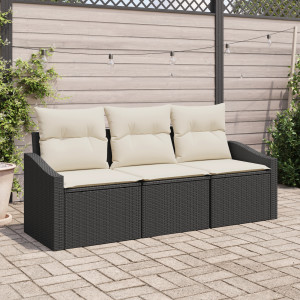 vidaXL Bankstel met kussen 3 pcs Zwart poly rattan