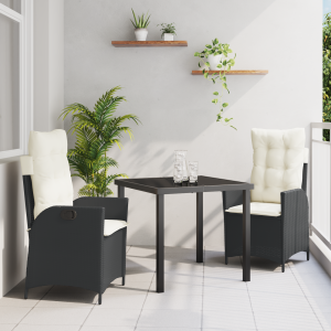 vidaXL 3-delige tuintafelset met kussens zwart poly rattan