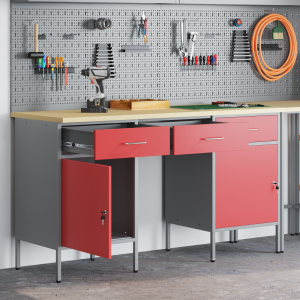 vidaXL 3-delige Werkkast en tafelset bewerkt hout en staal rood