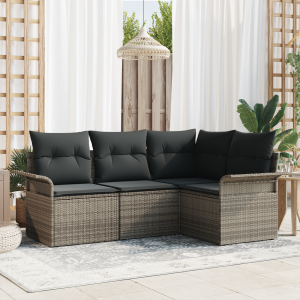 vidaXL 4-delige ligbedden set met kussens in het grijs poly rattan