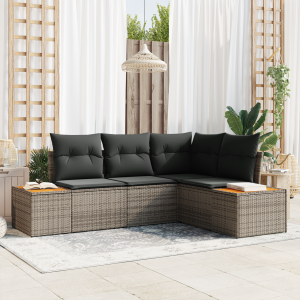 vidaXL 4-delige tuinbankset met kussens – grijs poly rattan en acacia