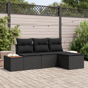 vidaXL 4-delige tuinbankset met kussens - zwart poly rattan en acacia
