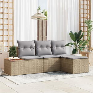vidaXL 4-delige tuinset met kussens in beige poly rattan en acacia