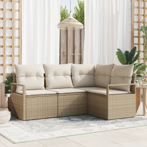 vidaXL 4-delige tuinset met kussens in Beige Poly Rattan
