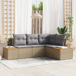 vidaXL 4-delige tuinset met kussens in beige, van poly rattan en acacia