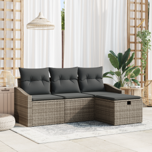 vidaXL Bankstel met kussen met opslag 4 pcs Grijs poly rattan