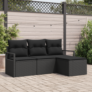vidaXL Bankstel met kussen met opslag 4 pcs Zwart poly rattan