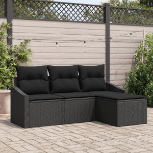 vidaXL Bankstel met kussen met opslag 4 pcs Zwart poly rattan