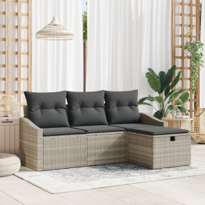vidaXL Bankstel met kussen met opslag 4 pcs Lichtgrijs poly rattan