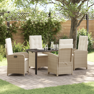 vidaXL 5-delige eetset voor in de tuin met kussens, beige poly rattan