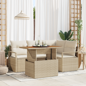 vidaXL 5-delige ligbed set met kussens beige poly rattan