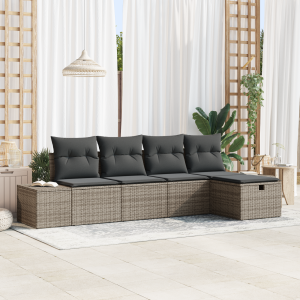vidaXL 5-delige ligbedset met kussens Grijs Poly Rattan