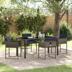 vidaXL 5-delige tuin eetset met kussens grijs poly rattan