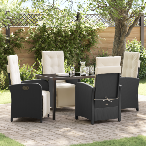 vidaXL 5-delige tuin eetset met kussens zwart poly rattan