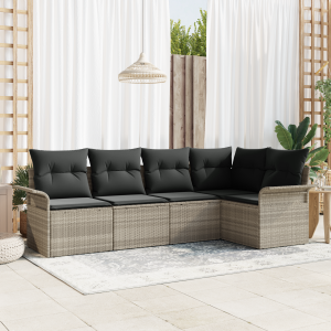 vidaXL 5-delige Tuin Sofa Set met Kussens Lichtgrijs Poly Rattan