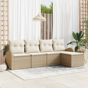 vidaXL 5-delige tuinbank set met kussens in beige poly rattan