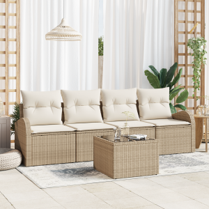 vidaXL 5-delige tuinbankset met kussens - Beige Poly Rattan
