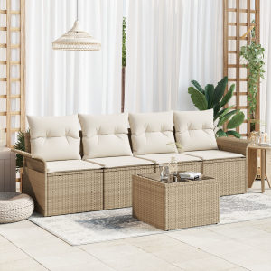 vidaXL 5-delige tuinbankset met kussens in beige poly rattan