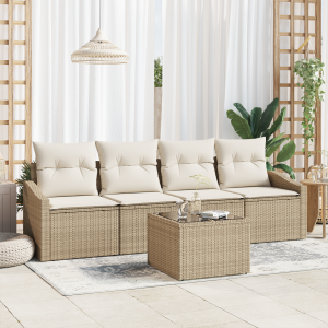 vidaXL 5-delige tuinset met kussens in beige poly rattan