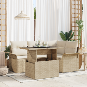 vidaXL 5-delige tuinset met kussens in beige poly rattan