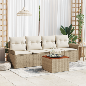 vidaXL 5-delige Tuinset met Kussens in Beige van Poly Rattan en Acacia