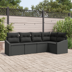 vidaXL 5-delige Tuinset met kussens poly rattan zwart