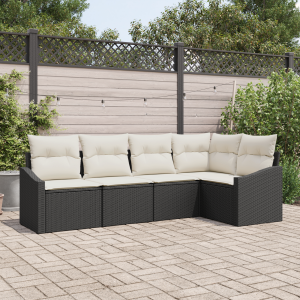 vidaXL 5-delige Tuinset met kussens poly rattan zwart