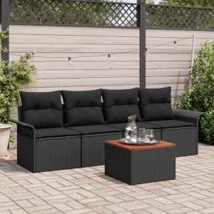 vidaXL 5-delige tuinset met kussens, zwart poly rattan en acacia
