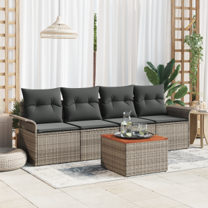 vidaXL 5-delige tuinsofa-set met kussens - Grijs - Poly Rattan - Acacia