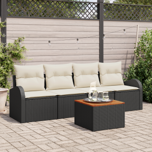 vidaXL 5-delige tuinsofa-set met kussens in zwart poly rattan en acacia
