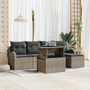 vidaXL 6-delige ligbed set met kussens Grijs Poly Rattan