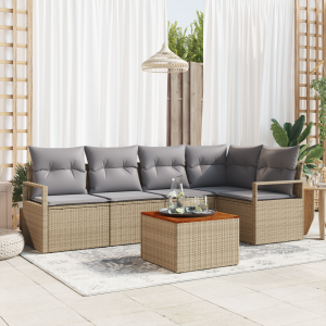 vidaXL 6-delige Tuin Sofa Set met Kussens in Beige van Poly Rattan en Acacia