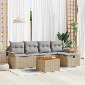 vidaXL 6-delige tuinbankset met kussens - Beige Poly Rattan