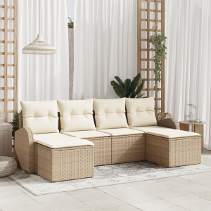 vidaXL Bankstel met kussen met opslag 6 pcs Beige en Wit poly rattan