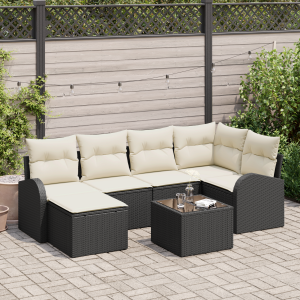vidaXL Bankstel met kussen met opslag 7 pcs Zwart en Wit poly rattan
