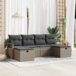 vidaXL Bankstel met kussen met opslag 6 pcs Grijs poly rattan
