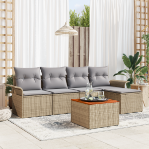 vidaXL 6-delige tuinset met kussens in beige poly rattan en acacia