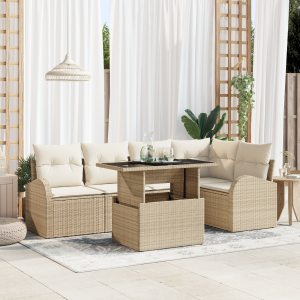 vidaXL 6-delige tuinset met kussens in beige van poly rattan
