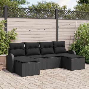 vidaXL Bankstel met kussen met opslag 6 pcs Zwart poly rattan