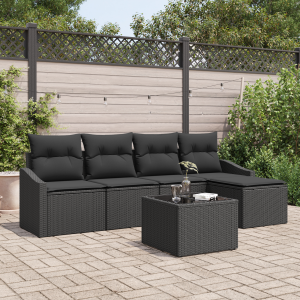 vidaXL Bankstel met kussen met opslag 6 pcs Zwart poly rattan