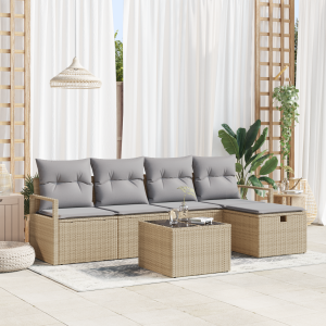 vidaXL Bankstel met kussen met opslag Beige en Licht Grijs poly rattan