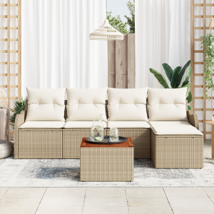 vidaXL 6-delige tuinsofa set met kussens in beige van poly rattan en acacia