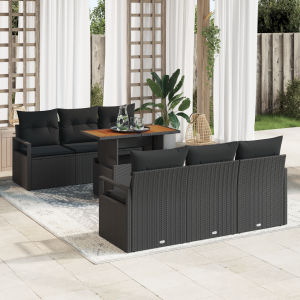 vidaXL 7-delig tuinset met kussens in zwart poly rattan