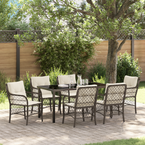 vidaXL 7-delige eetset voor in de tuin met kussens bruin poly rattan