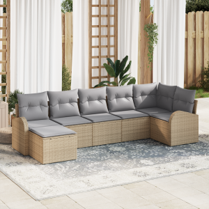 vidaXL 7-delige ligbed set met kussens Beige Poly Rattan