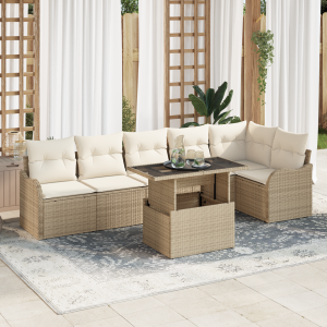 vidaXL 7-delige ligbed set met kussens Beige Poly Rattan